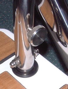 A close-up detail of the innovative handrail stanchion-clamp. Note the delrin socket to receive the self-clamping