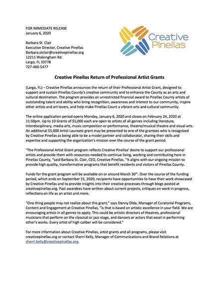 Press release professional artist grant